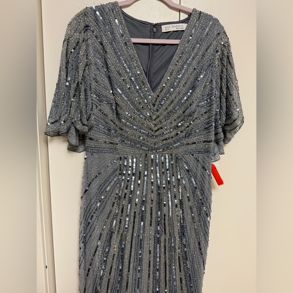NWT |Mac Duggal 93583 Slate Blue Grey Sequined V Neck Cape Sleeve Gown Size 10 - Picture 9 of 16